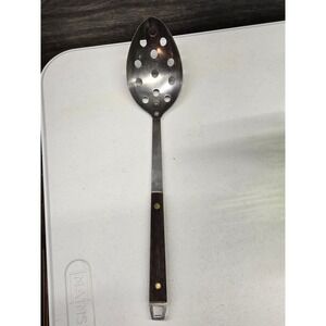 Vintage Nevco Stainless Steel Slotted Serving Spoon Wood Handle Japan 12 inch